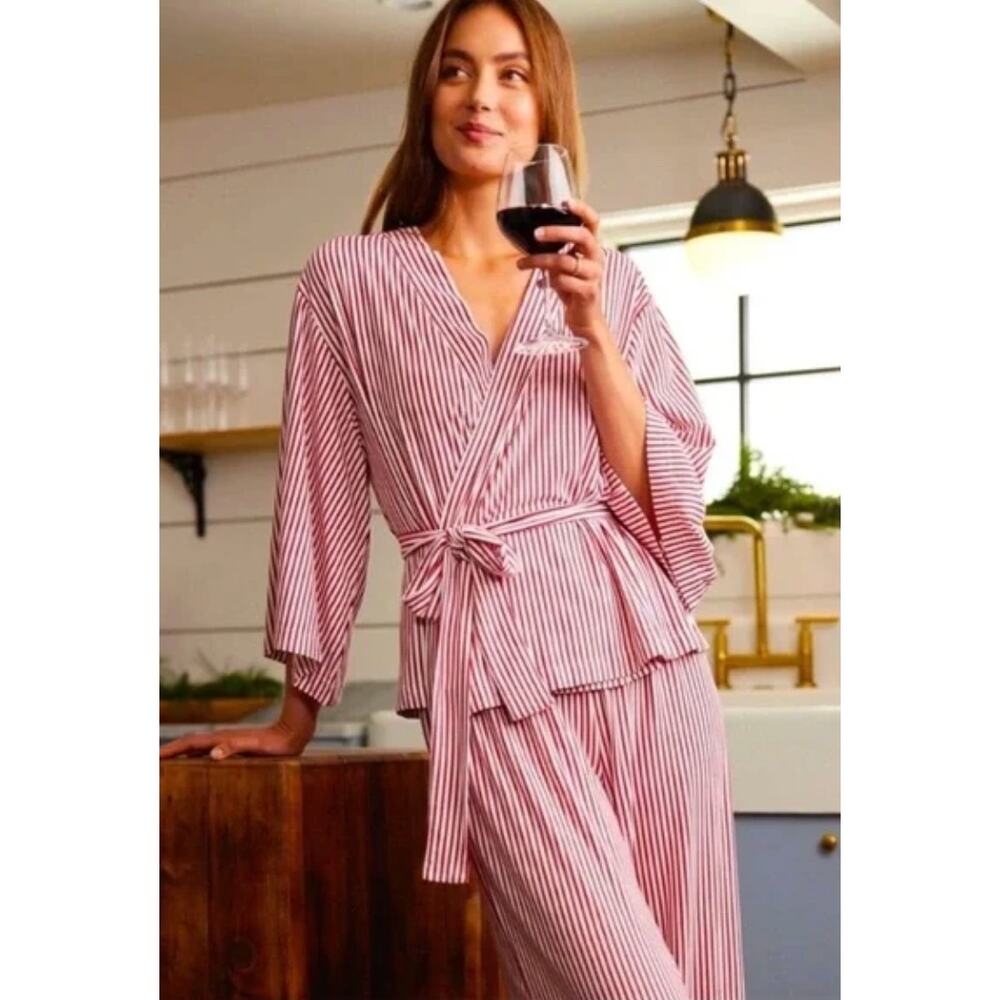 Striped LAKE Red Kimono Robe with Tie Waist